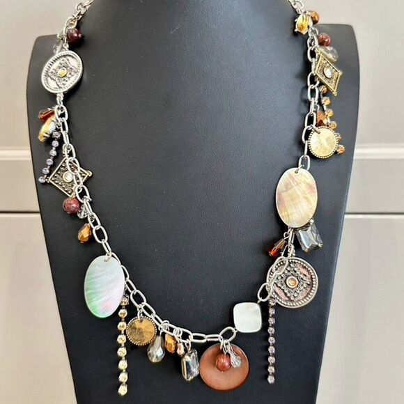 Chico's Long Chain Link Charm Rhinestone Shell Bead Statement Necklace - Picture 1 of 8